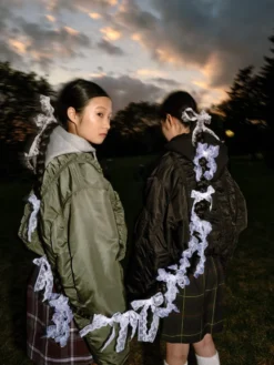 ALPHA X MADEME HOODED RUCHED MA-1 BOMBER JACKET
