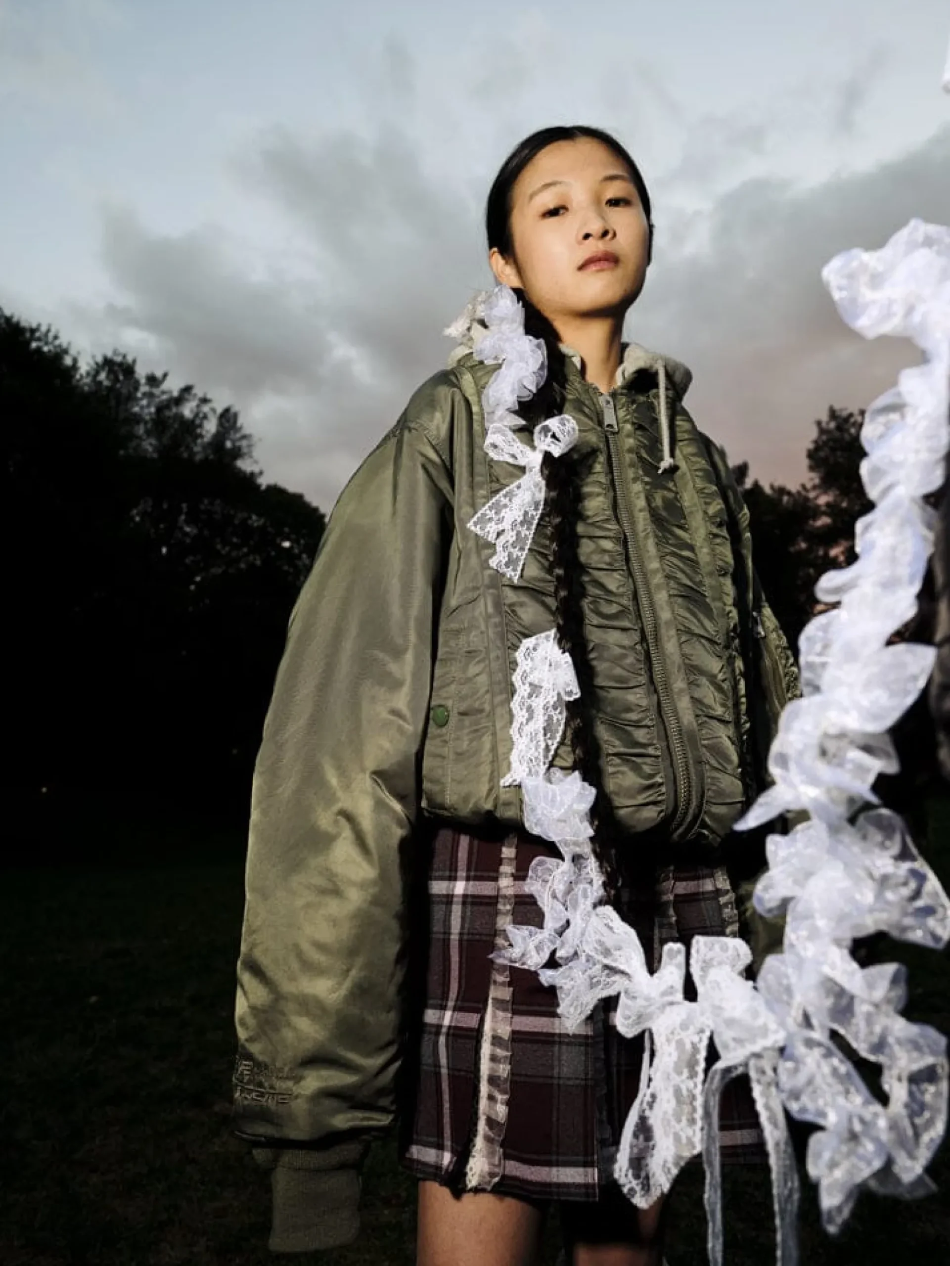 ALPHA X MADEME HOODED RUCHED MA-1 BOMBER JACKET