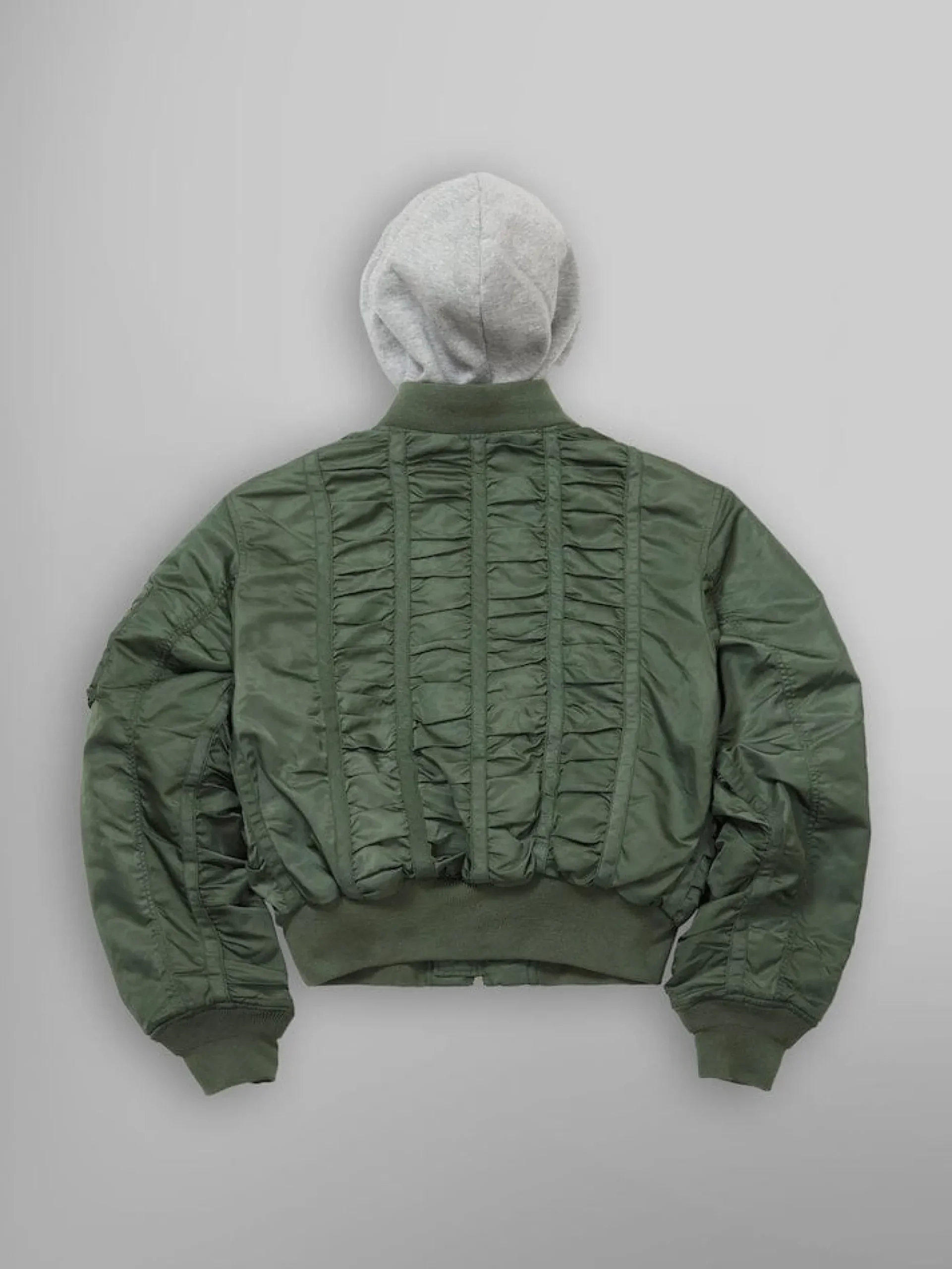 ALPHA X MADEME HOODED RUCHED MA-1 BOMBER JACKET