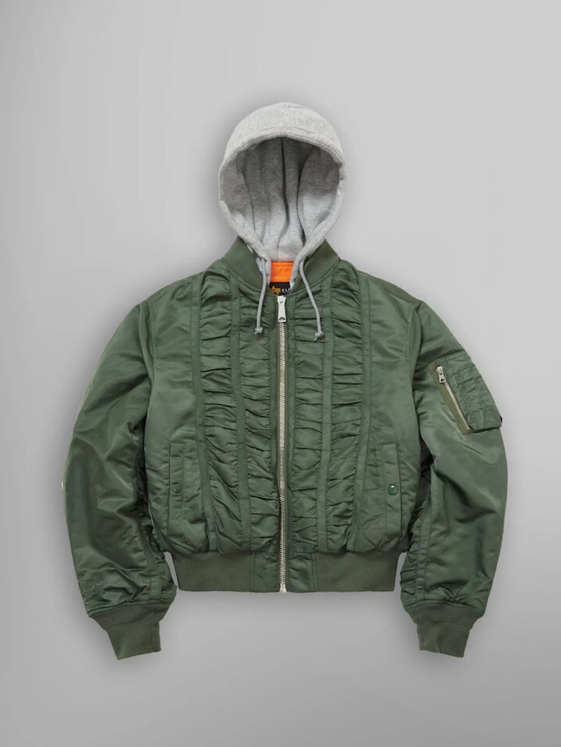 ALPHA X MADEME HOODED RUCHED MA-1 BOMBER JACKET