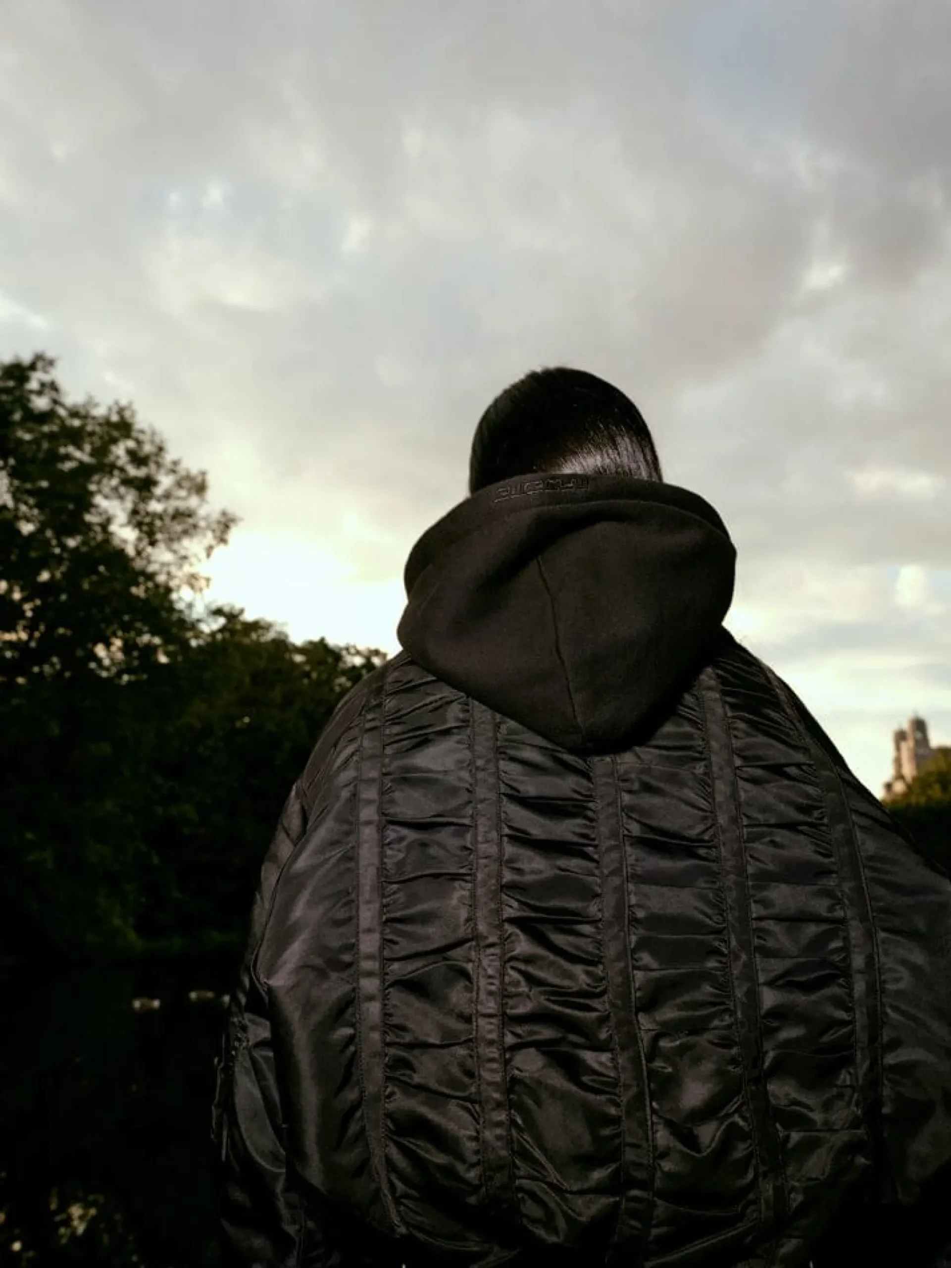 ALPHA X MADEME HOODED RUCHED MA-1 BOMBER JACKET