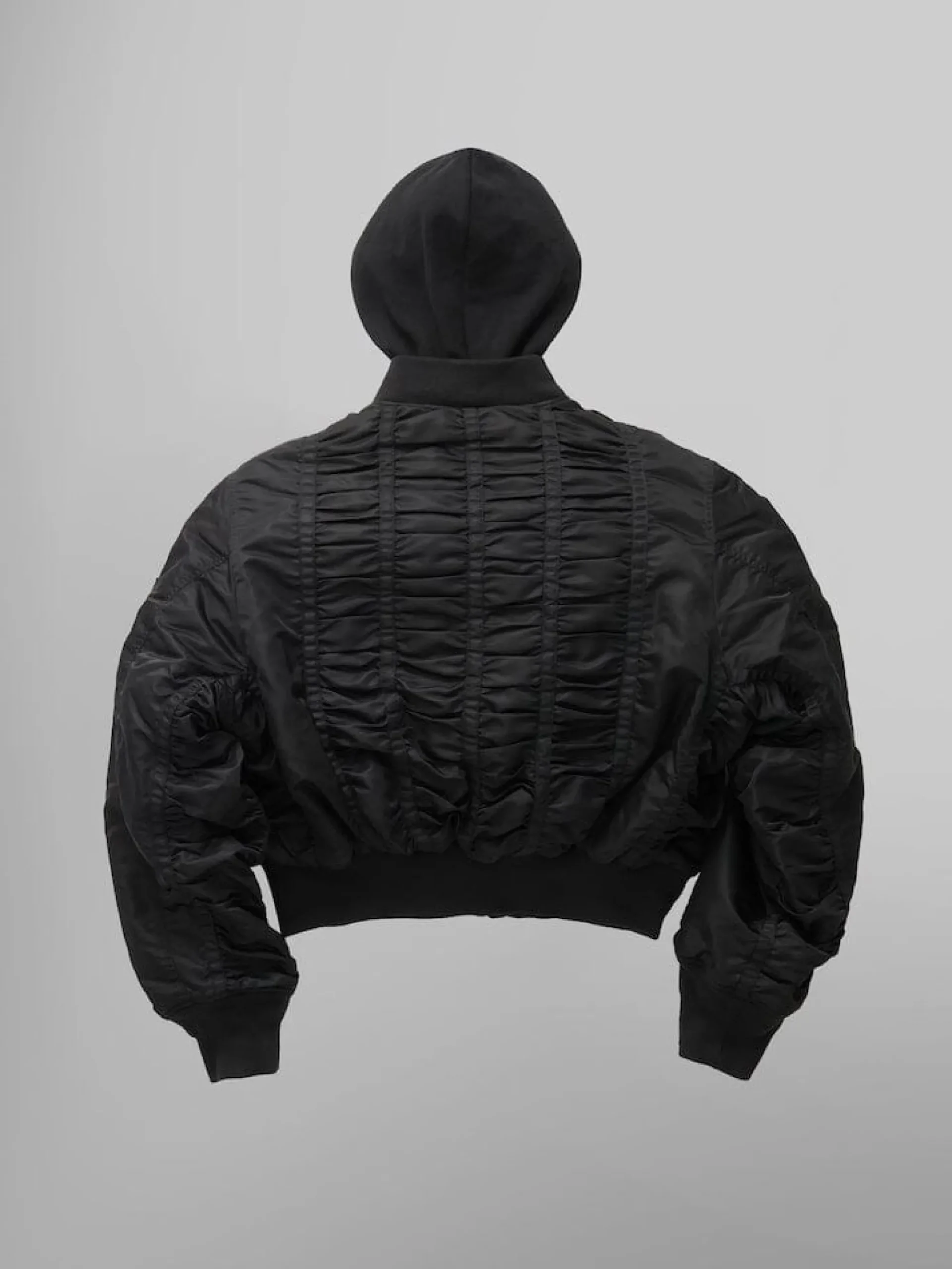 ALPHA X MADEME HOODED RUCHED MA-1 BOMBER JACKET