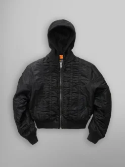 ALPHA X MADEME HOODED RUCHED MA-1 BOMBER JACKET