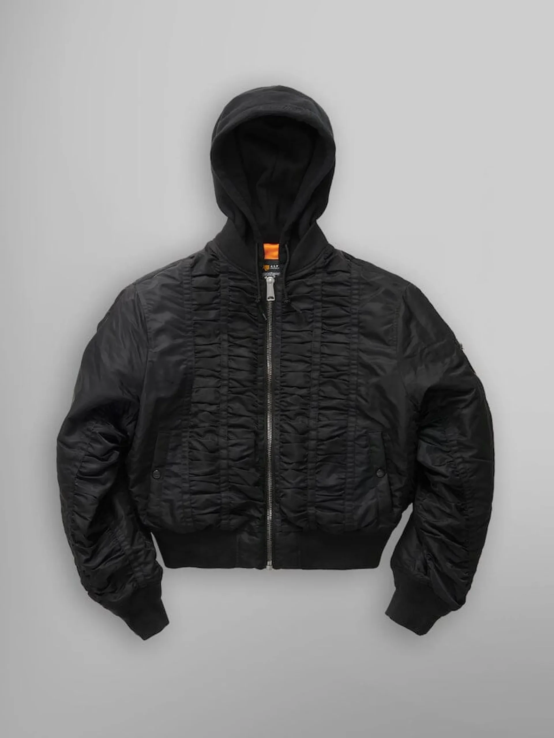 ALPHA X MADEME HOODED RUCHED MA-1 BOMBER JACKET