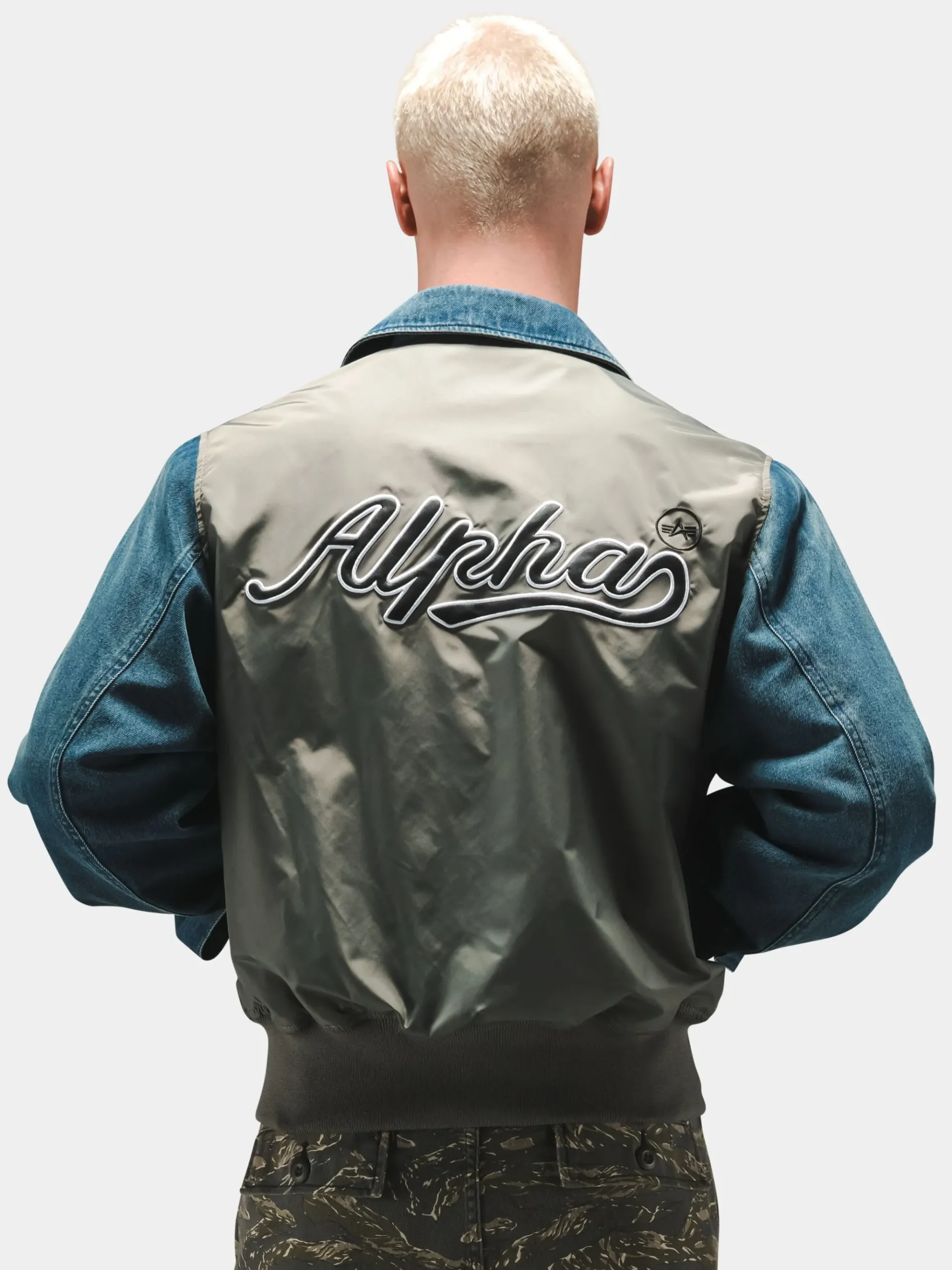 DENIM RELAXED MIXED MEDIA FLIGHT JACKET